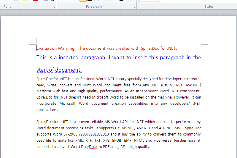 How to insert a new paragraph to word document in C#